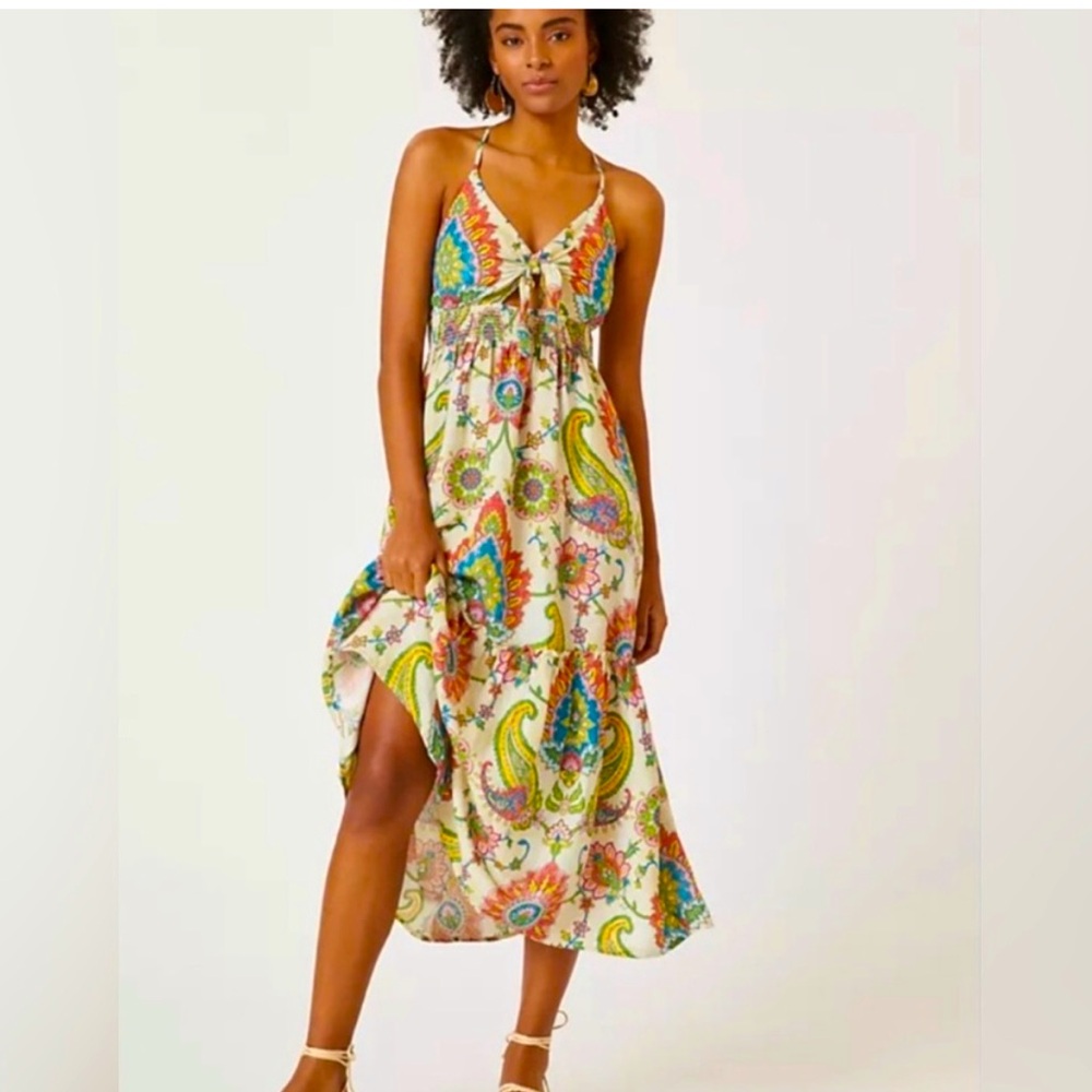 RANNA GILL ✨ Tie Front Floral Midi Dress ✨ Anthropologie ✨ Size M